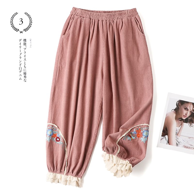 CosmoCorner - Corduroy cropped harembroek met elastische taille en bloemenborduursel