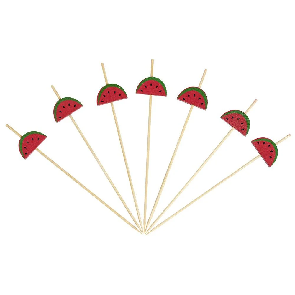 Pique pour apéritif décor pastéque, ananas, cactus ou flamand rose en bambou x30