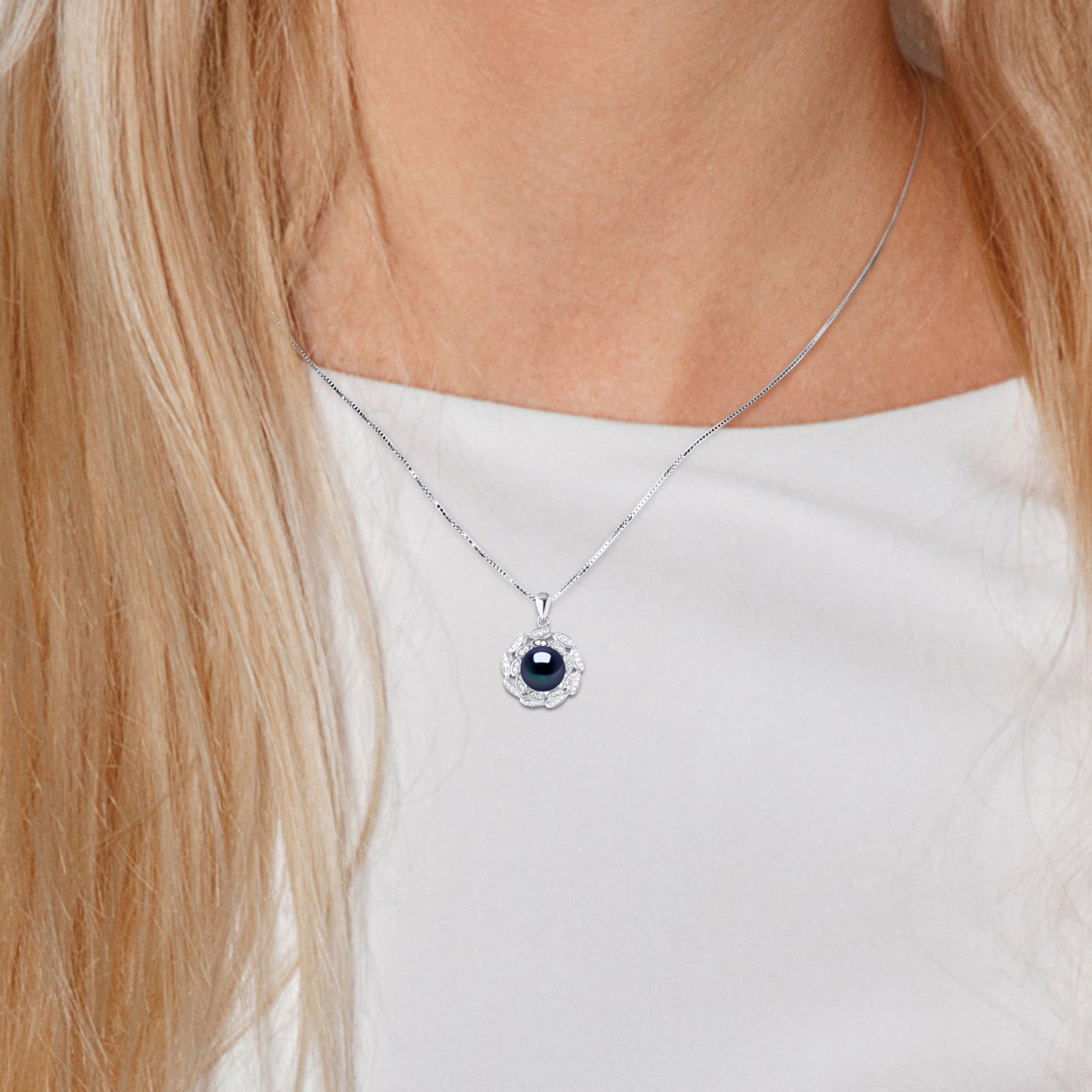 Collier SOLEIL Perle d'Eau Douce 9-10 mm Noire Argent 925