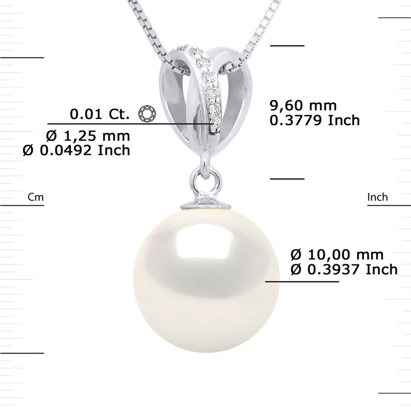 Pendentif DOUBLE NOEUD - Diamants 0,07 Cts - Véritable Perle de Culture d'Eau Douce Ronde 10-11 mm - Or Blanc
