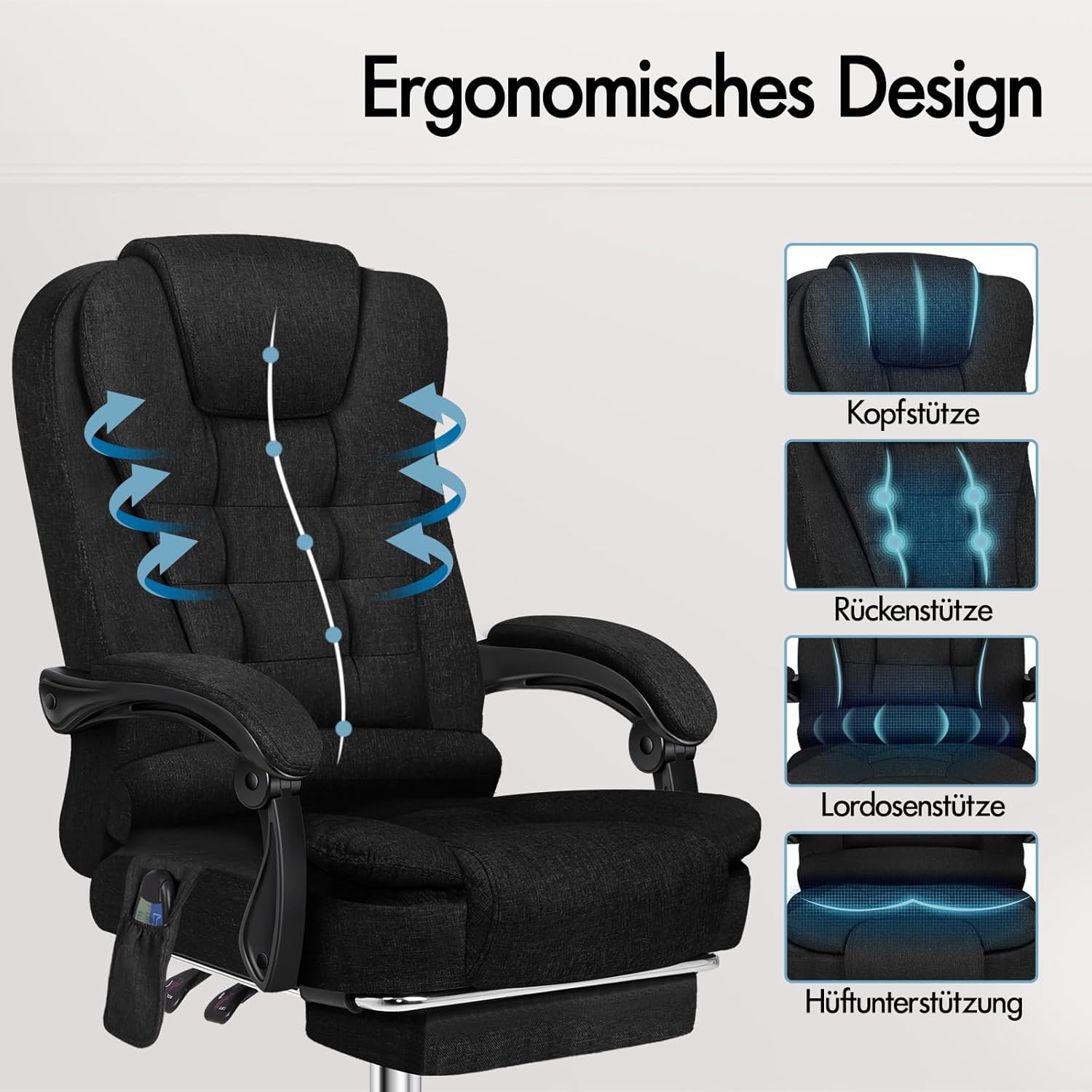 ALFORDSON Bürostuhl mit Massagefunktion, ergonomisches Design mit großer Sitzpolsterung, Lendenwirbelstütze, Rollen, für reibungslose Mobilität im Büro, Schwarz, Leinen Fabric