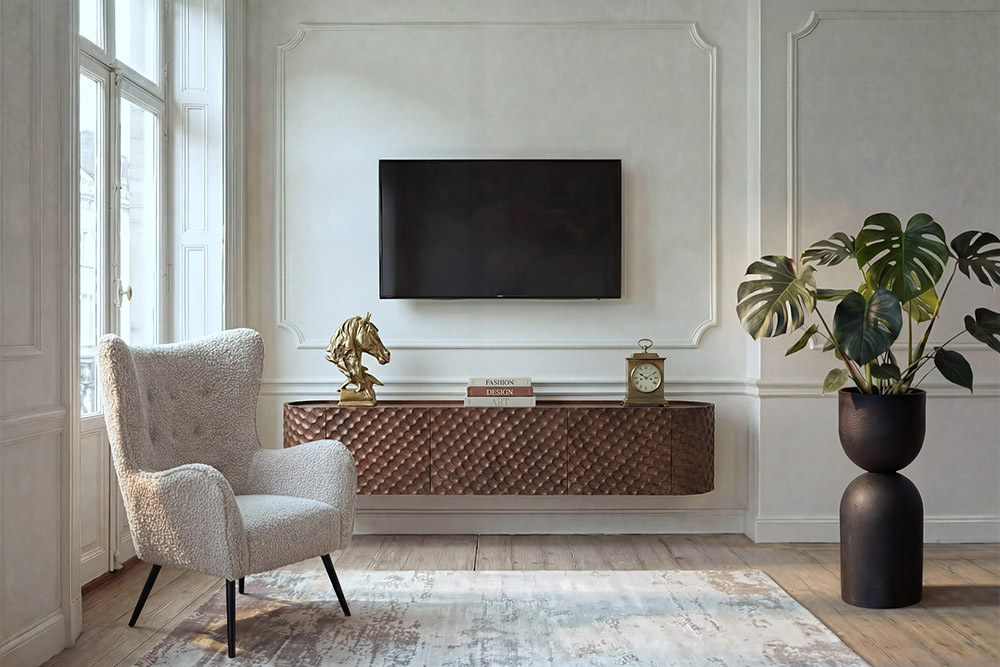 Hängendes TV-Board ADLON 160cm braun Mangoholz massive 3D-Front in Wabenstruktur