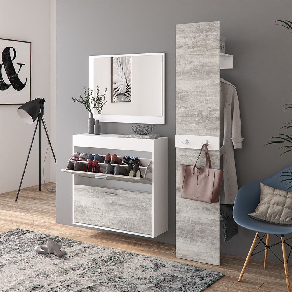 Vicco Flurgarderobe San Remo Garderoben Set Spiegel Schuhschrank Wandpaneel Flur Weiß Beton
