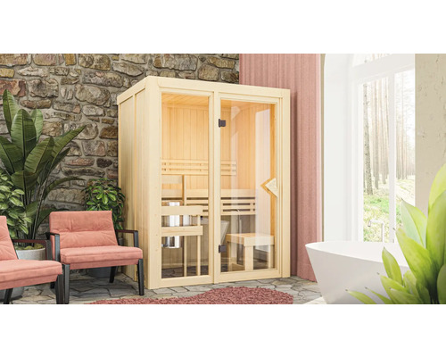 Elementsauna Karibu Avarni 1 zonder oven en dakkroon met gebronsde volledig glazen deur