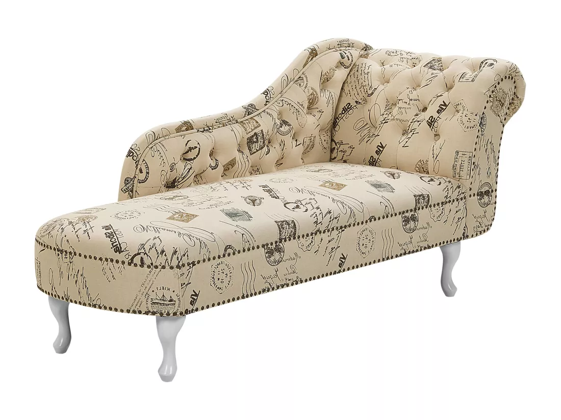 Chaise longue Chesterfield en tissu imprimé beige côté droit NIMES