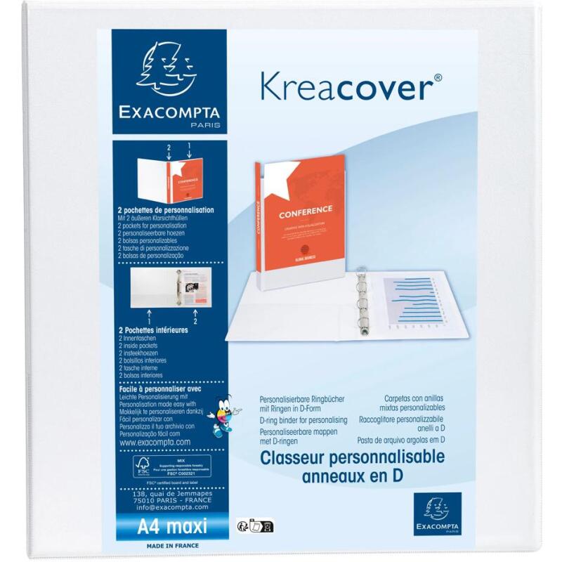 Classeur 4 anneaux plastifié Exacompta Kreacover personnalisable A4 maxi - Dos 9 cm blanc