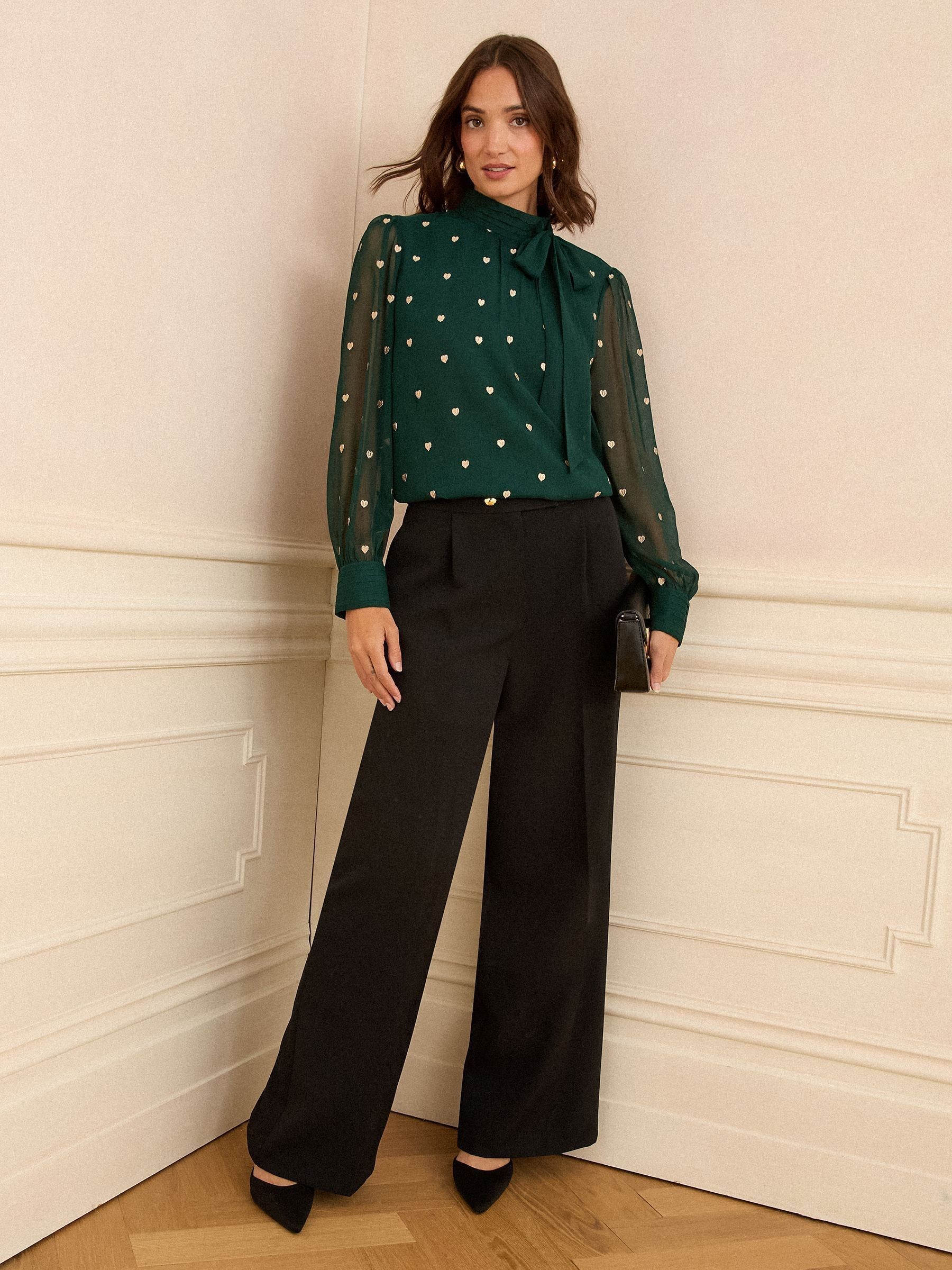 Forest Green Gold Embroidered Heart - Love & Roses Long Sleeve Pussybow Blouse