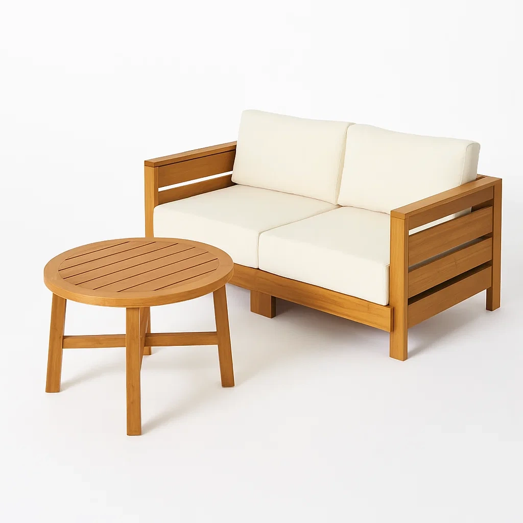 Ensemble de mobilier de jardin en bois d’acacia avec coussins crème