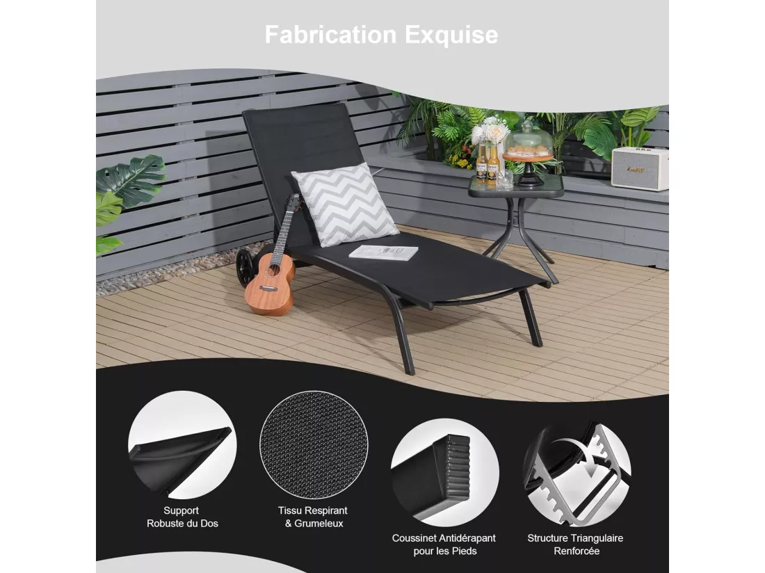 Chaise Longue de Jardin/Bain de Soleil,Réglable à 6 Positions,Transat de Relaxation pour Bord de Piscine, Cour et Jardin Noir