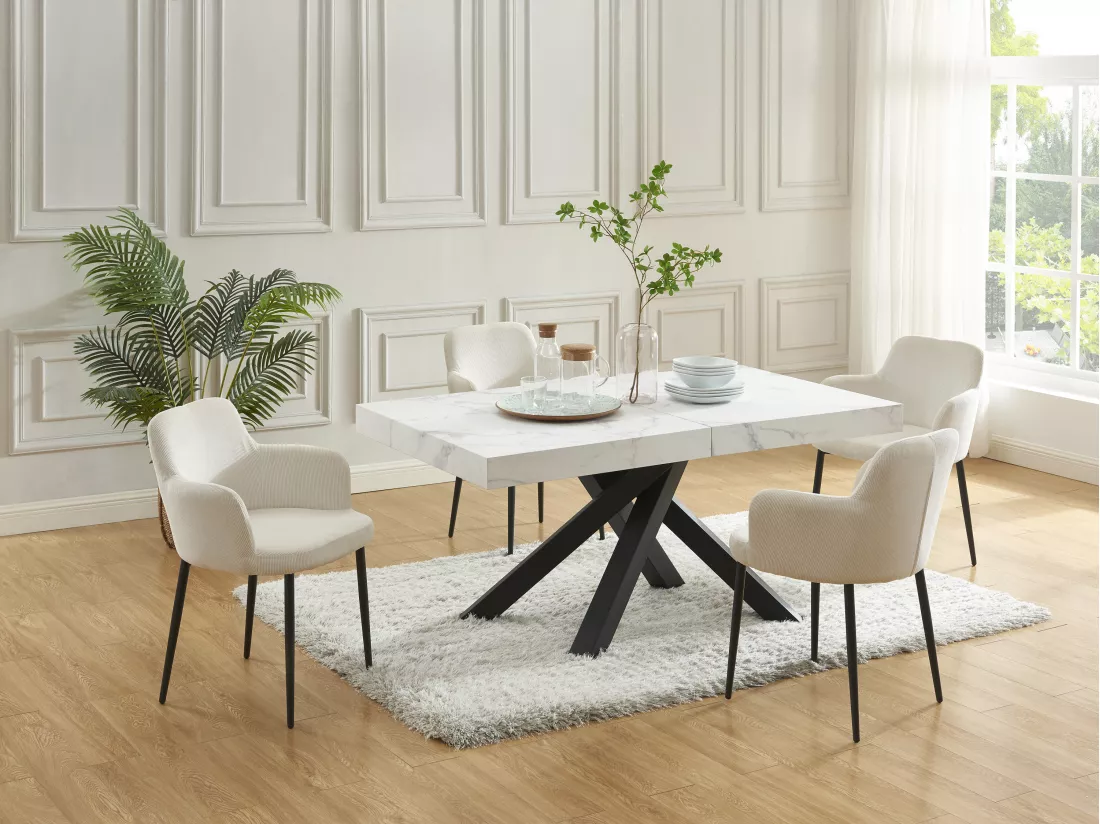 Table à manger extensible 6 à 10 personnes en MDF et métal - Effet marbre blanc et noir - CATONAV