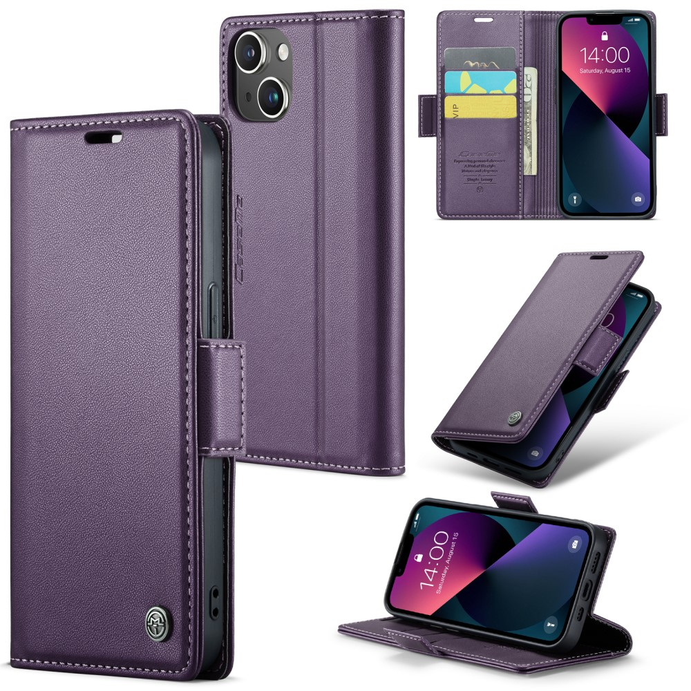 iPhone 15 Leder Tasche Flip Wallet Etui mit Kartenfächern Litchi Look (RFID Schutz) - Violett