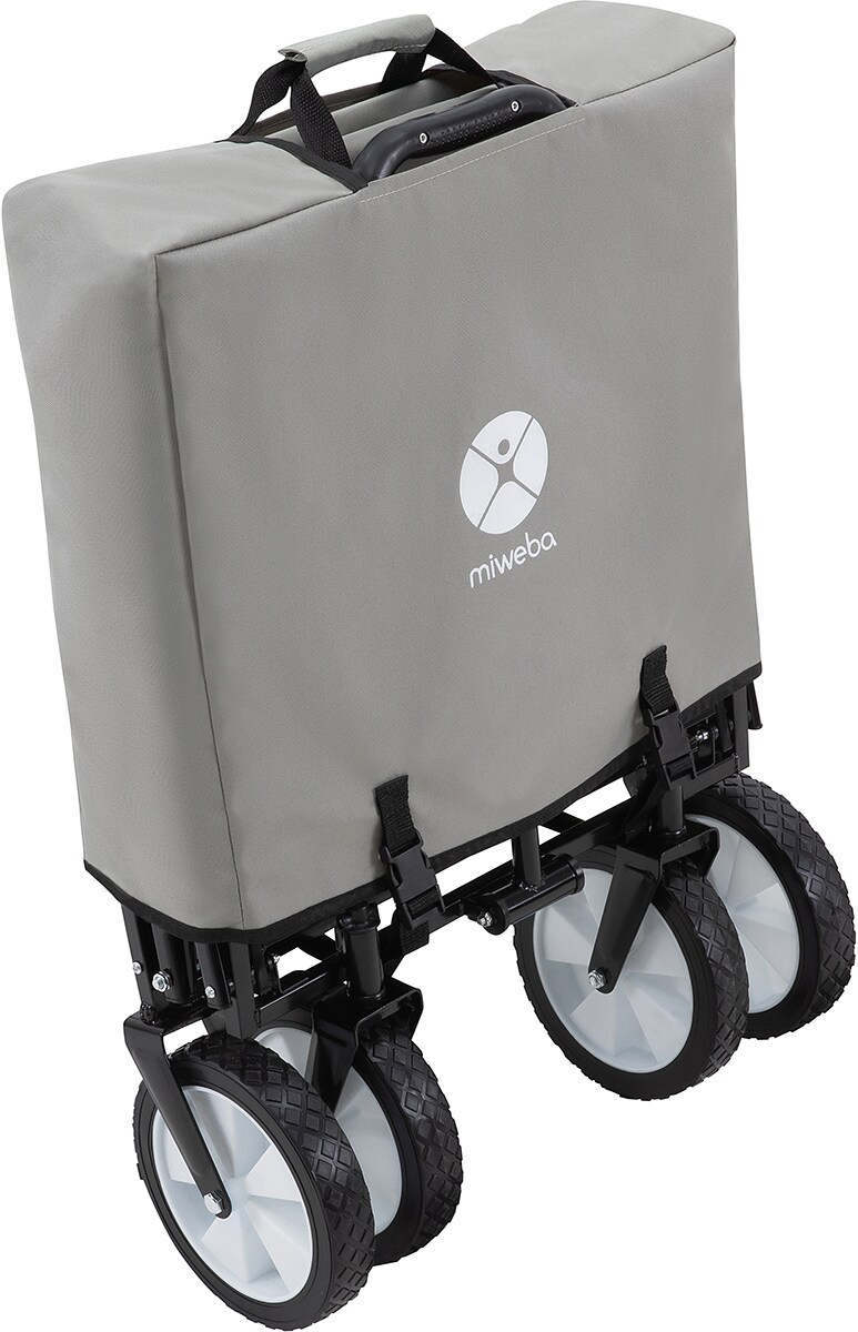 Miweba Bollerwagen MB-35, faltbar, bis 120 kg, Teleskop-Lenkstange, 360°-Räder, Tasche, Stahlrahmen (Grau)