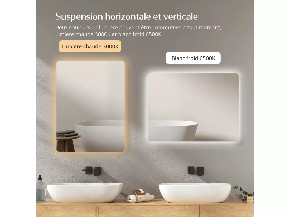 EMKE Miroir lumineux salle de bain Rétro-éclairage 50x60cm, Miroir LED avec Interrupteur à bouton, Anti-buée, lumière Blanche Froide/Chaude