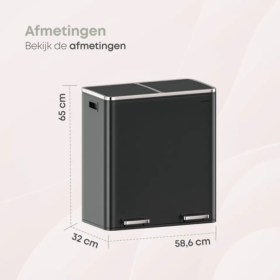 O’DADDY Prullenbak 60L - 2 Vakken - Voetbediening - Soft-Close - Zwart