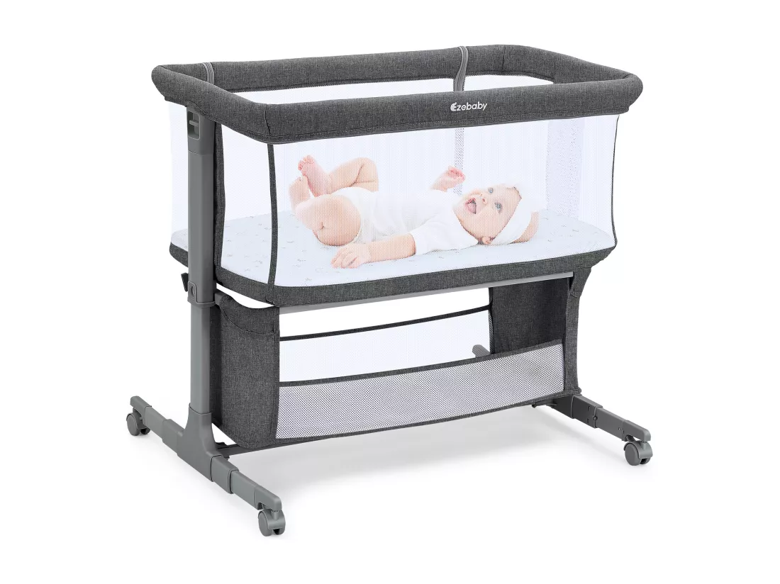 Berceau Cododo, 7 Hauteurs Réglables, avec matelas et sac de Rangement, paroi latérale pliable, roues pivotantes à 360° avec frein