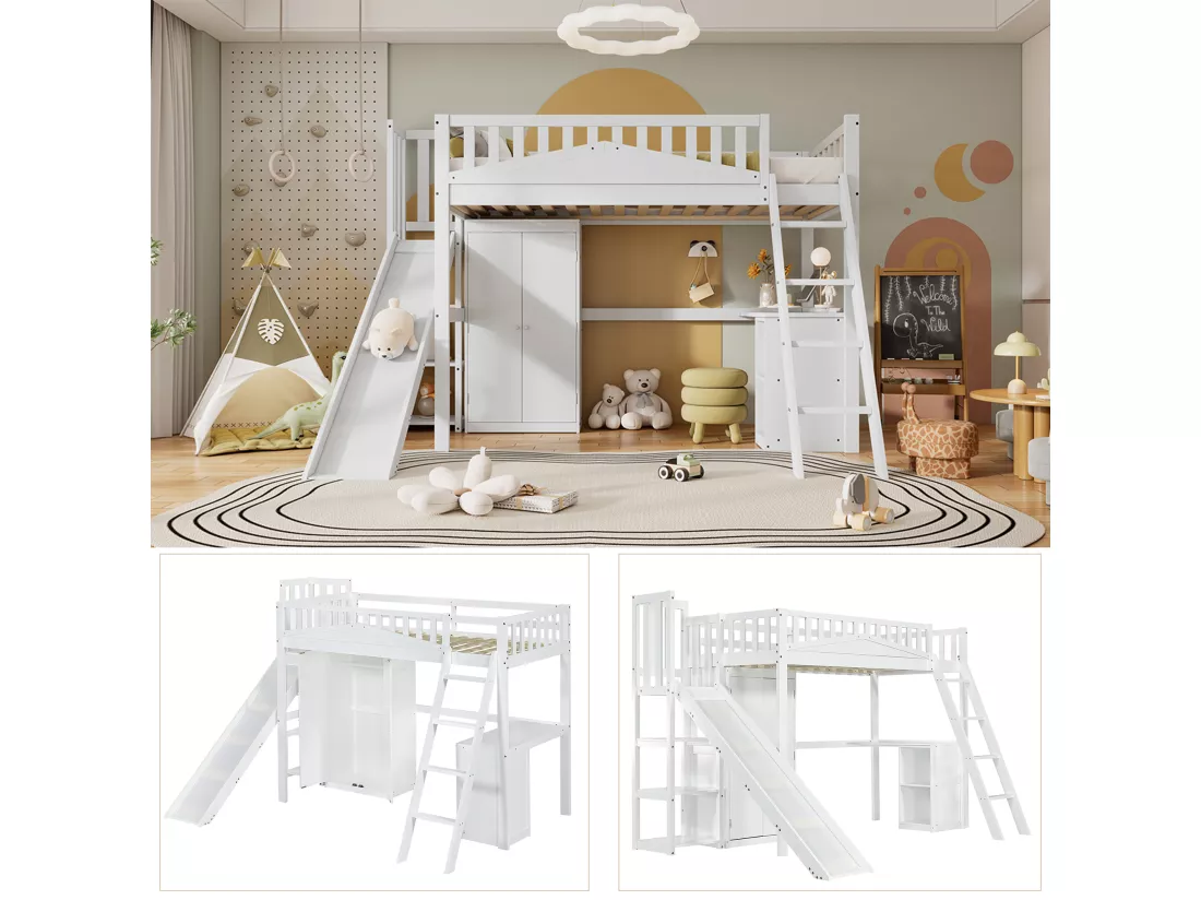 Lit mezzanine 90 x 200 cm avec toboggan, armoire et bureau - Pin+MDF+contreplaqué - Sommier à lattes - Blanc