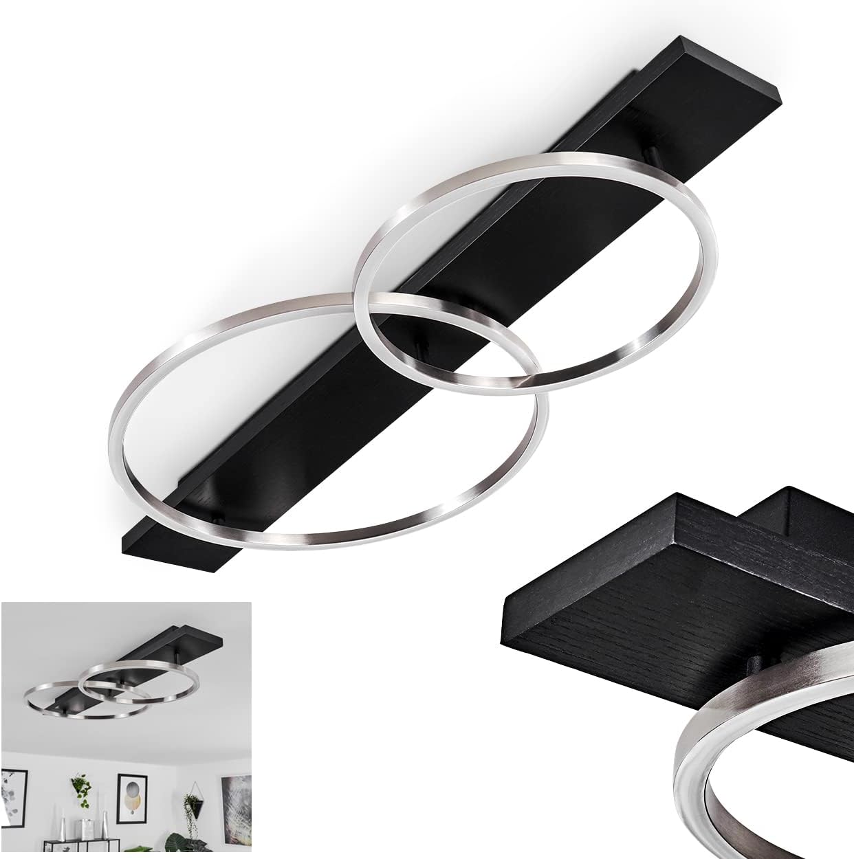 LED Deckenleuchte Pompu, moderne Deckenlampe aus Metall/Holz/Kunststoff in Schwarz/Nickel-matt/Weiß, 2 x LED 12 Watt, 3000 Kelvin, 3400 Lumen