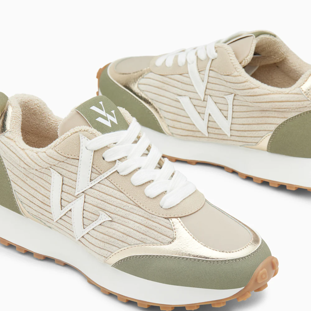 Sneakers-Baskets monogramme Athénaïs beige et kaki à semelle running