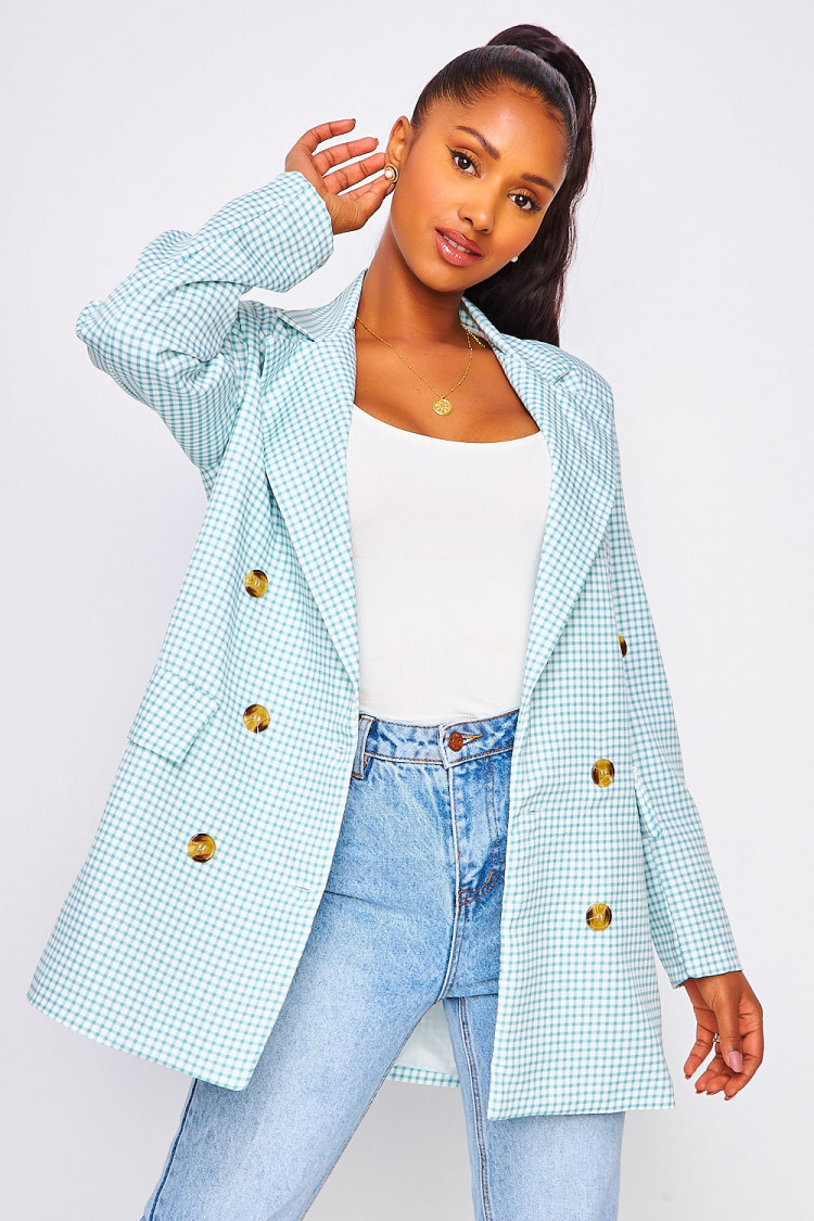 Robe blazer blanche et verte à carreaux Vichy