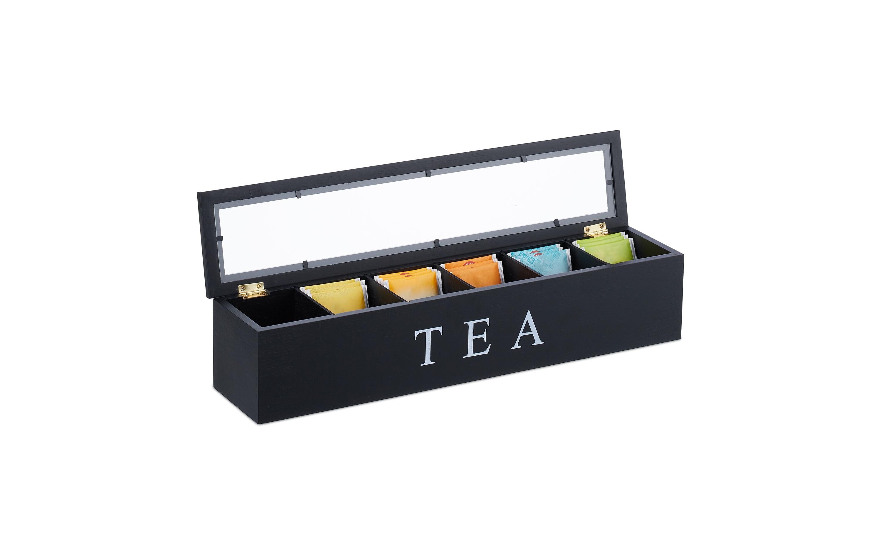 Teebeutel-Box Schwarz/Transparent/WeissTeebox mit 6 Fächern