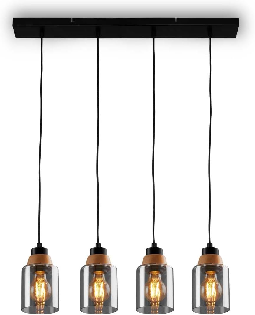 BRILONER – 4-flammige Pendelleuchte, Rauchglas, Deckenlampe, Deckenleuchte, Lampe, Wohnzimmerlampe, Lampenschirm aus Rauchglas, Hängelampe, Kronleuchter, Schlafzimmerlampe, Schwarz-Holz