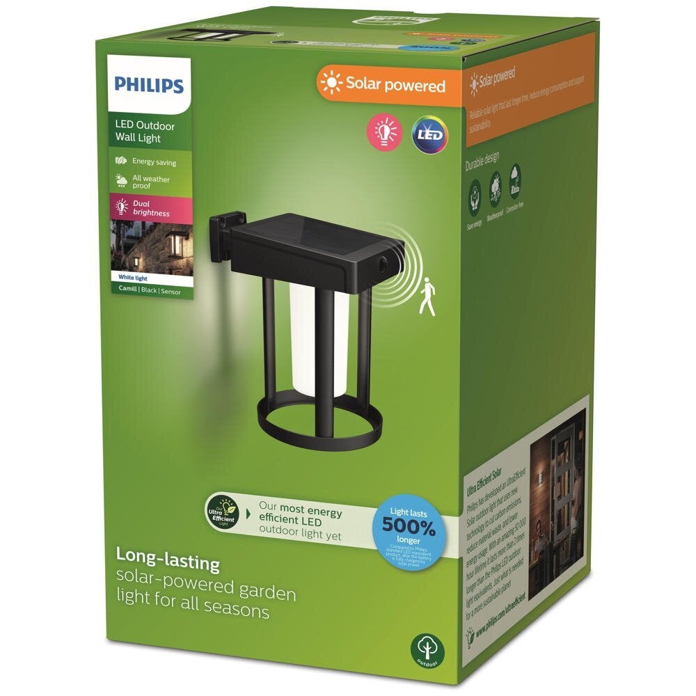 Camill LED-wandlamp op zonne-energie in zwart-wit, 1,4 W, 250 lm, IP44, met bewegingsmelder en schemersensor, rond