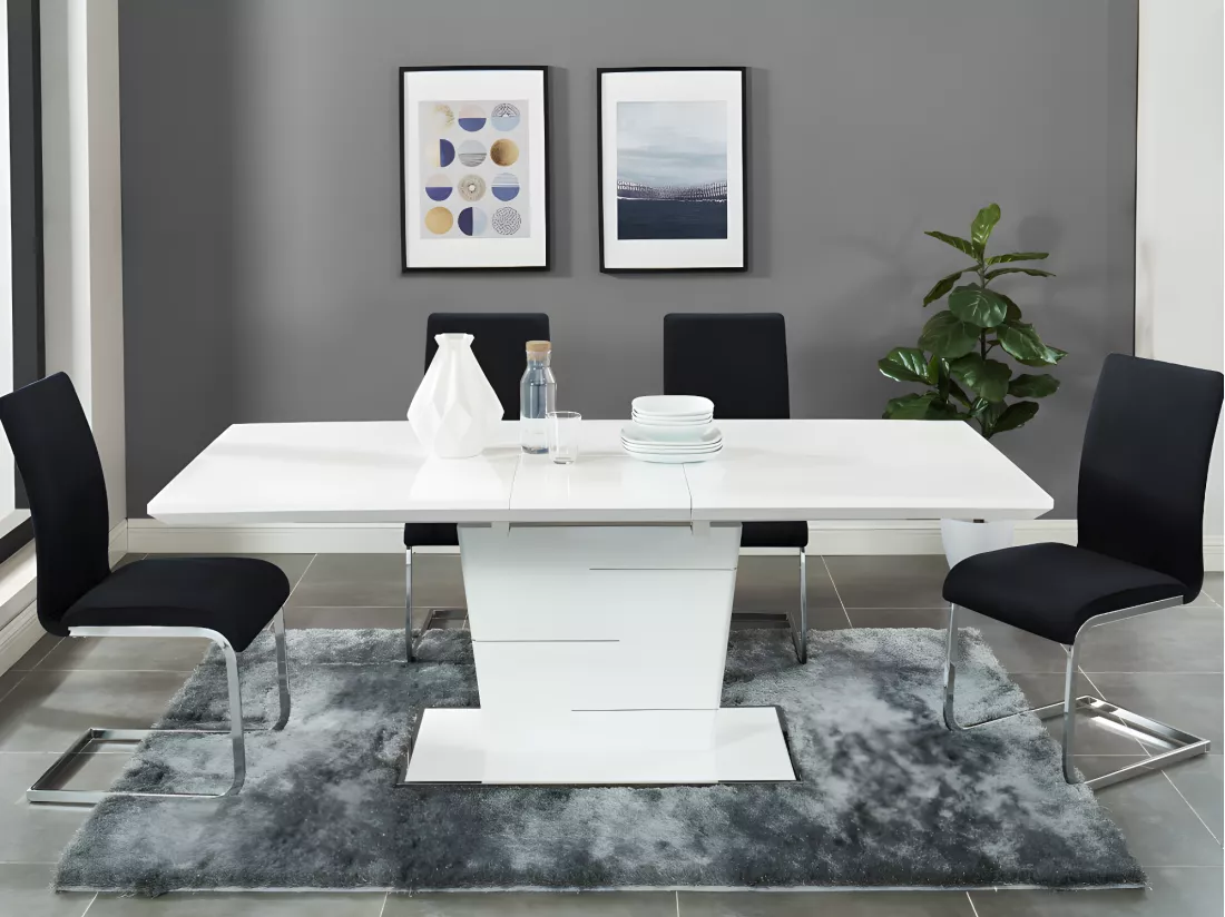 Table à manger extensible AMELLE - 6 à 8 personnes - MDF Laqué Blanc