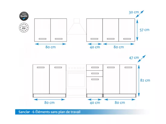 Cuisine Sanclar 6 éléments - haut gris bas blanc laqué en 2 metres