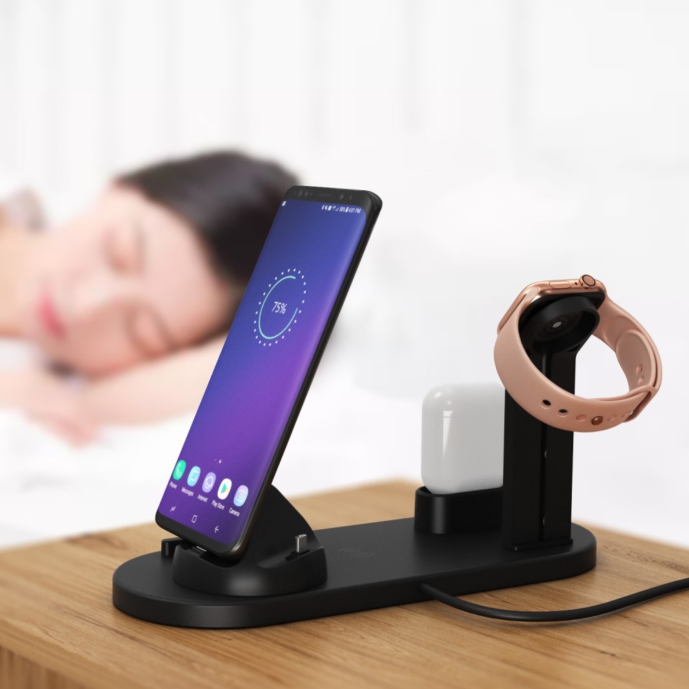 4in1 Apple Watch / Smartphone / AirPods Qi Charging Ständer Dockingstation (Micro USB / USB C / Lightning) - Schwarz