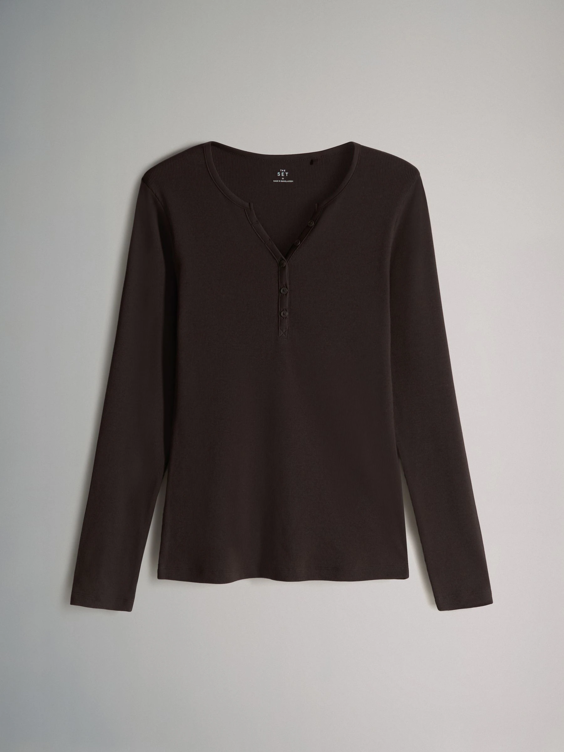 Chocoladebruin/roze/crème - The Set verpakking van 4 geribde Henley T-shirts met lange mouwen