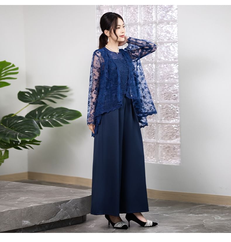 Wonhi - Set: Top met lange mouwen en kant + Mouwloze jumpsuit met wijde pijpen