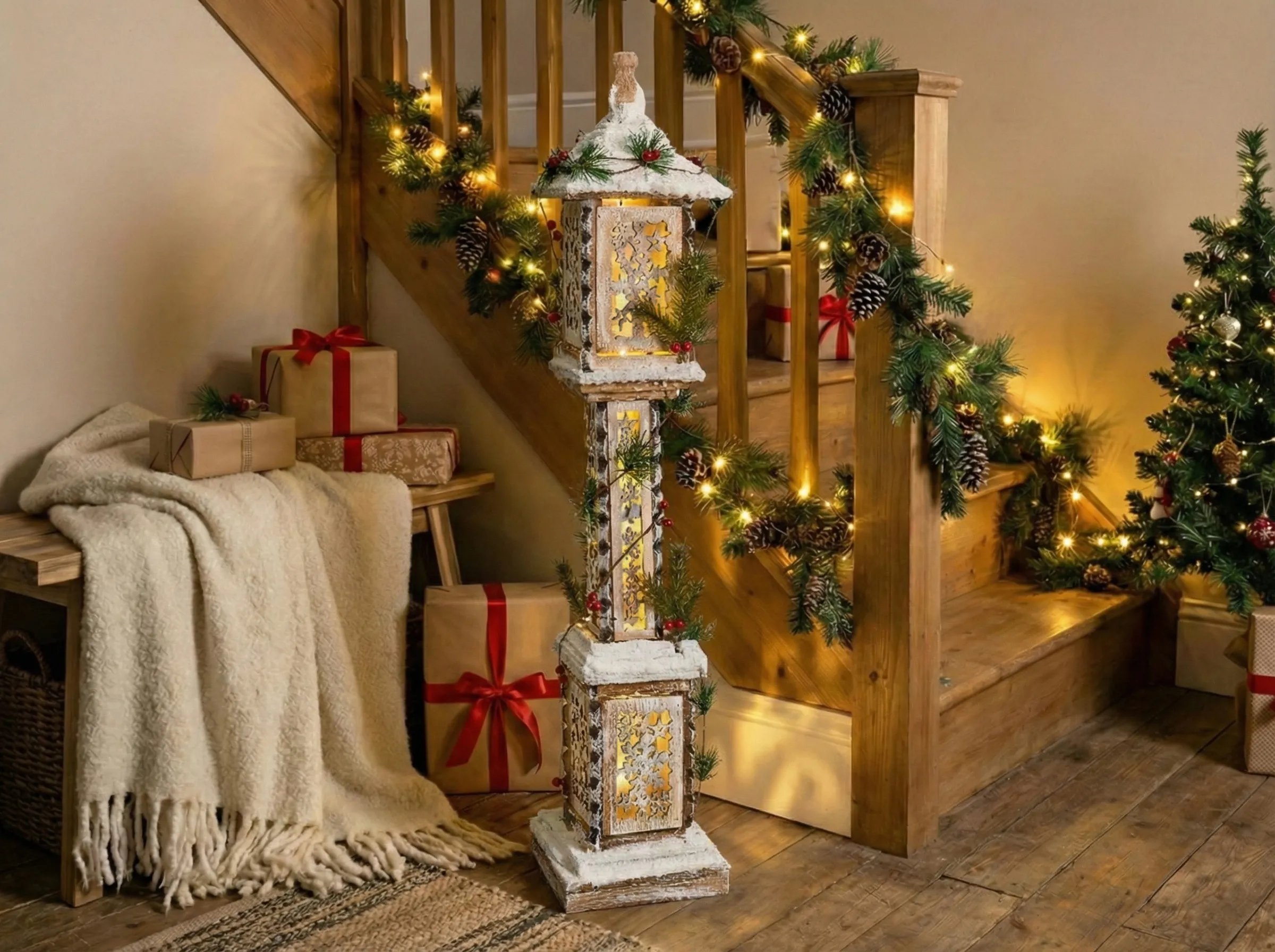 Kerstdecoratie LED LENTIRA Kerstlantaarnpaal 80 cm Lichtbruin