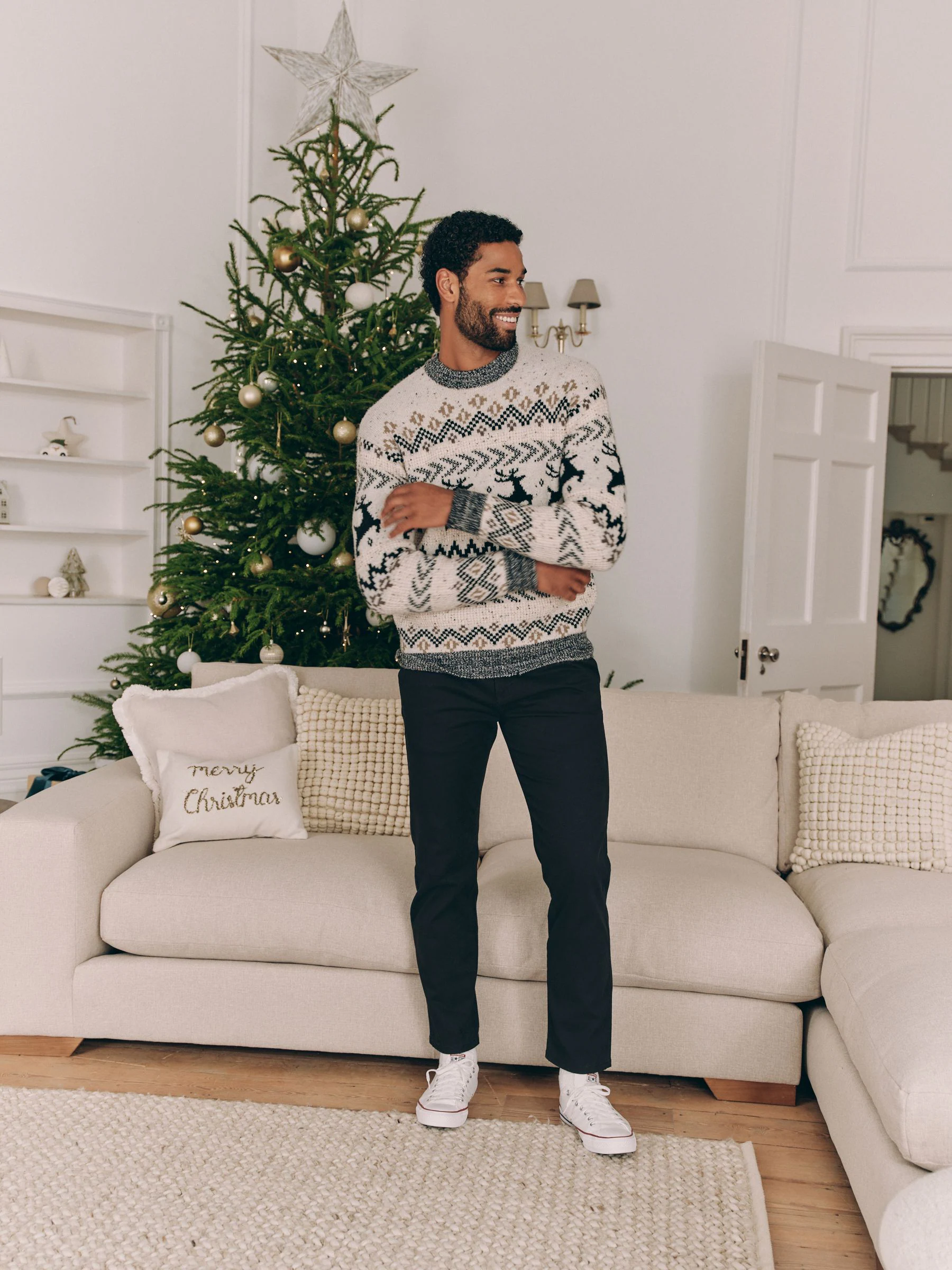 Zwart/wit - Matching Family kersttrui voor heren met Fairisle-patroon en hertmotief