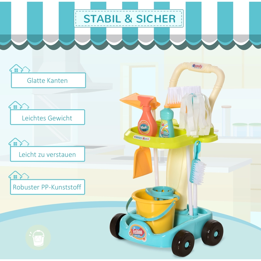 HOMCOM Kinderreinigungsset mit Rollen und passendes Zubehör bunt