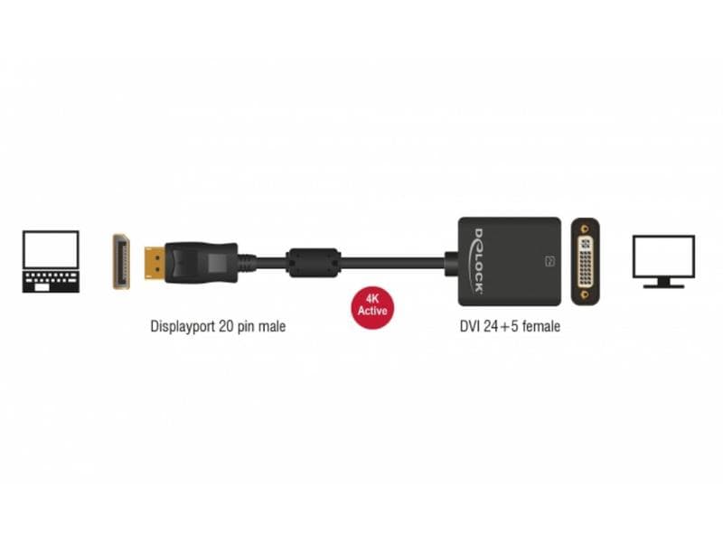Delock Adapterkabel DP - DVI-I, 4K Schwarz Adapterkabel, 4K DisplayPort-Stecker auf 4K DVI-I-Buchse