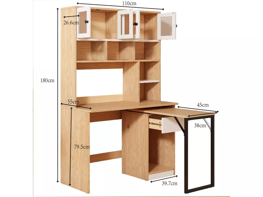 URBAN MEUBLE Bureau effet bois avec étagère rangement tablette rétractable 110*55*180cm