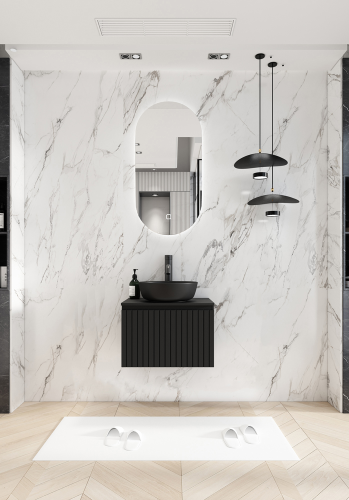 Fontana Stripe zwart badmeubel ribbelfront 60cm met zwarte waskom en ovale LED spiegel