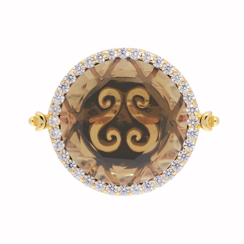 Bague Disque Argent Doré Pierre Brun