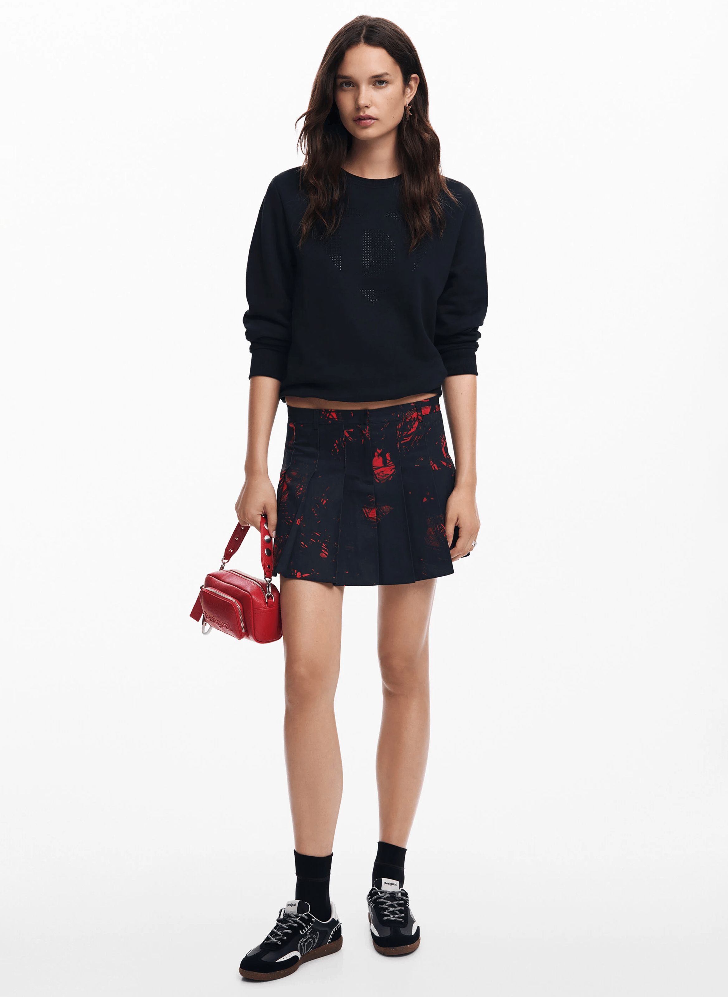 Mini-jupe plissée imprimée en coton| Rouge