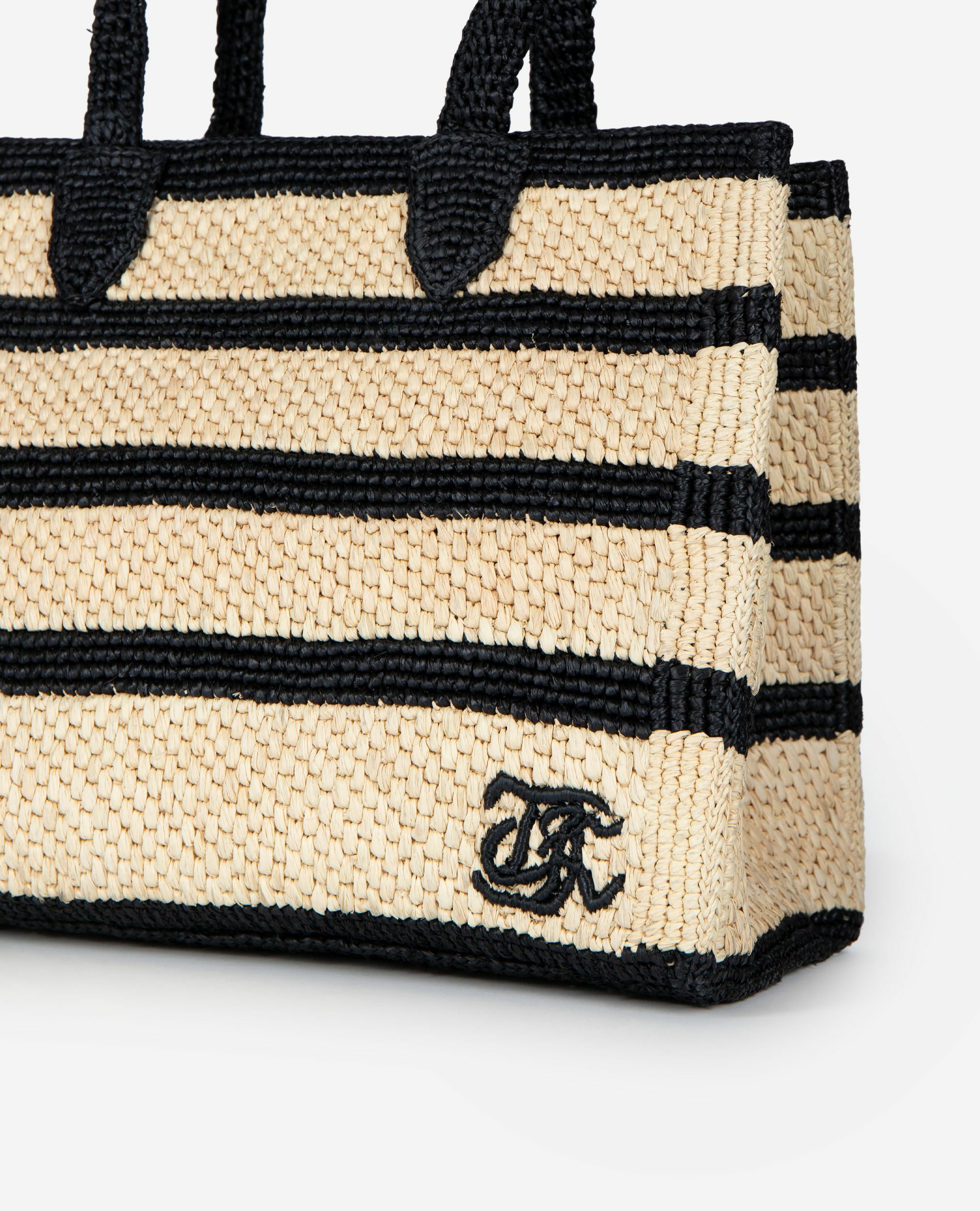 Sac cabas en raphia noir et écru