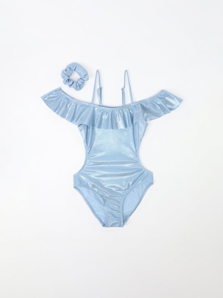 Conjunto de biquíni brilhante com babados e elástico de cabelo - Azul Marinho Escuro