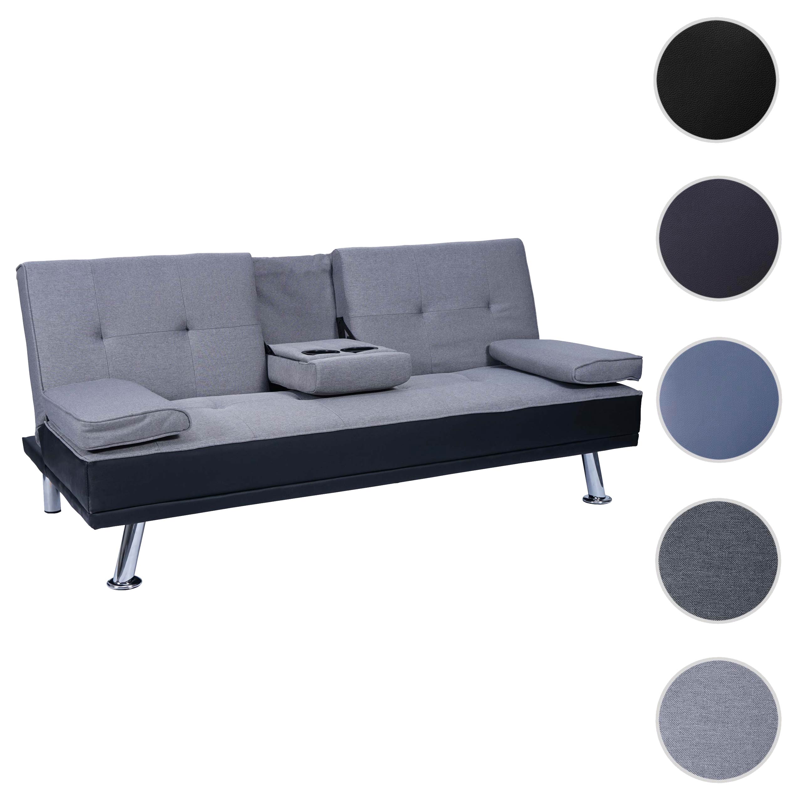 3er-Sofa MCW-F60, Couch Schlafsofa Gästebett, Tassenhalter verstellbar 97x166cm ~ Kunstleder/Textil, schwarz/hellgrau