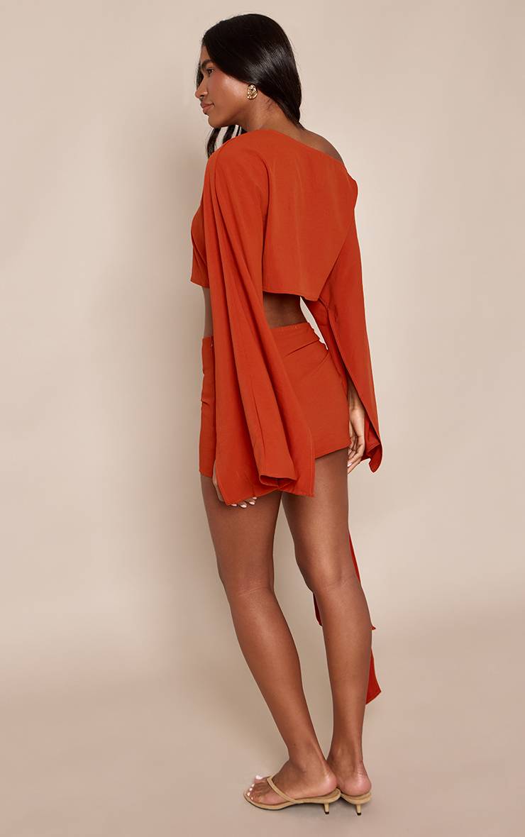 Orange Ensemble Coordonné Jupe Mini Fluide Tissée Imprimée Avec Nœuds Latéraux