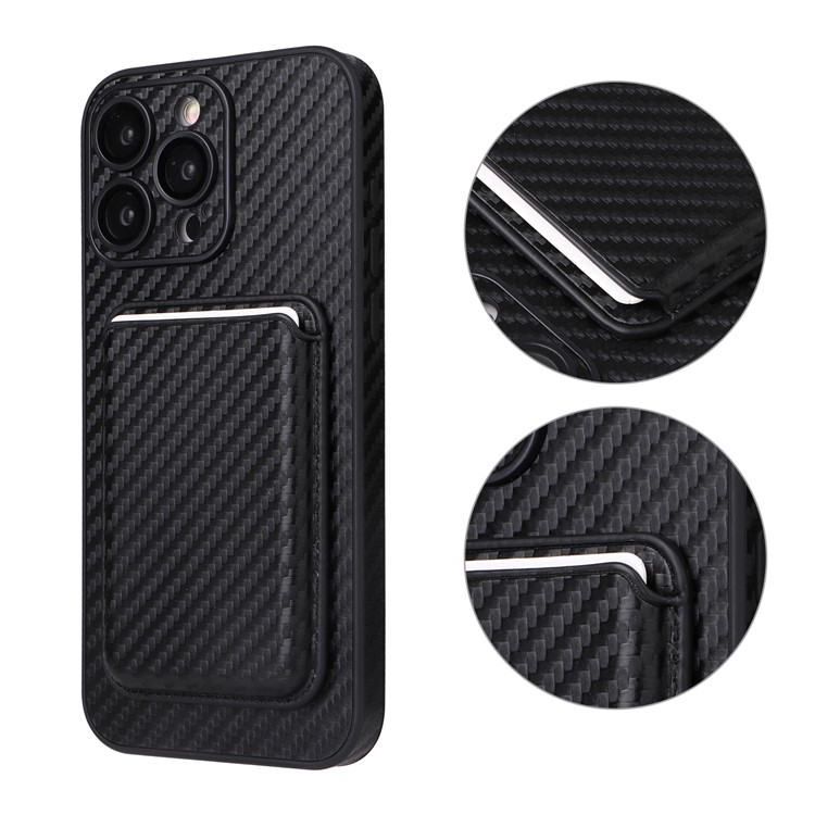 iPhone 15 Pro Max MagSafe 2in1 Leder Hülle Wallet Case mit Magnetischem Kreditkartenfach im Carbon Look - Schwarz