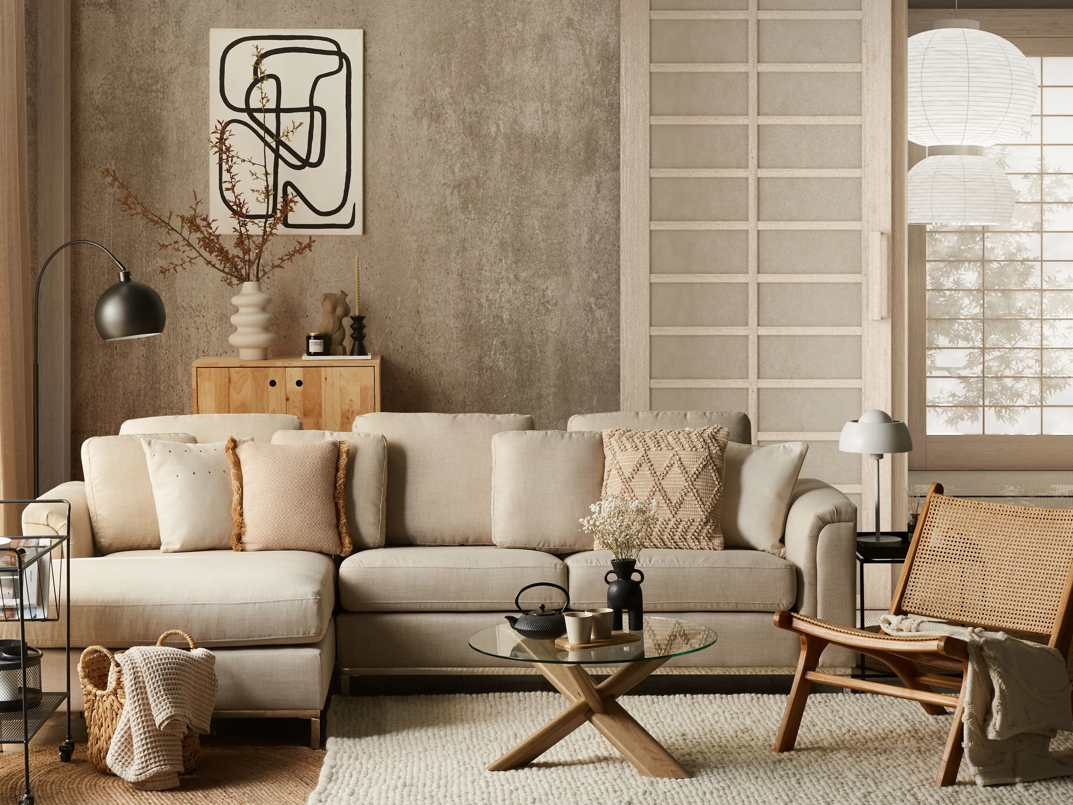 Hoekbank 4-zits OSLO Stof Beige rechtszijdig