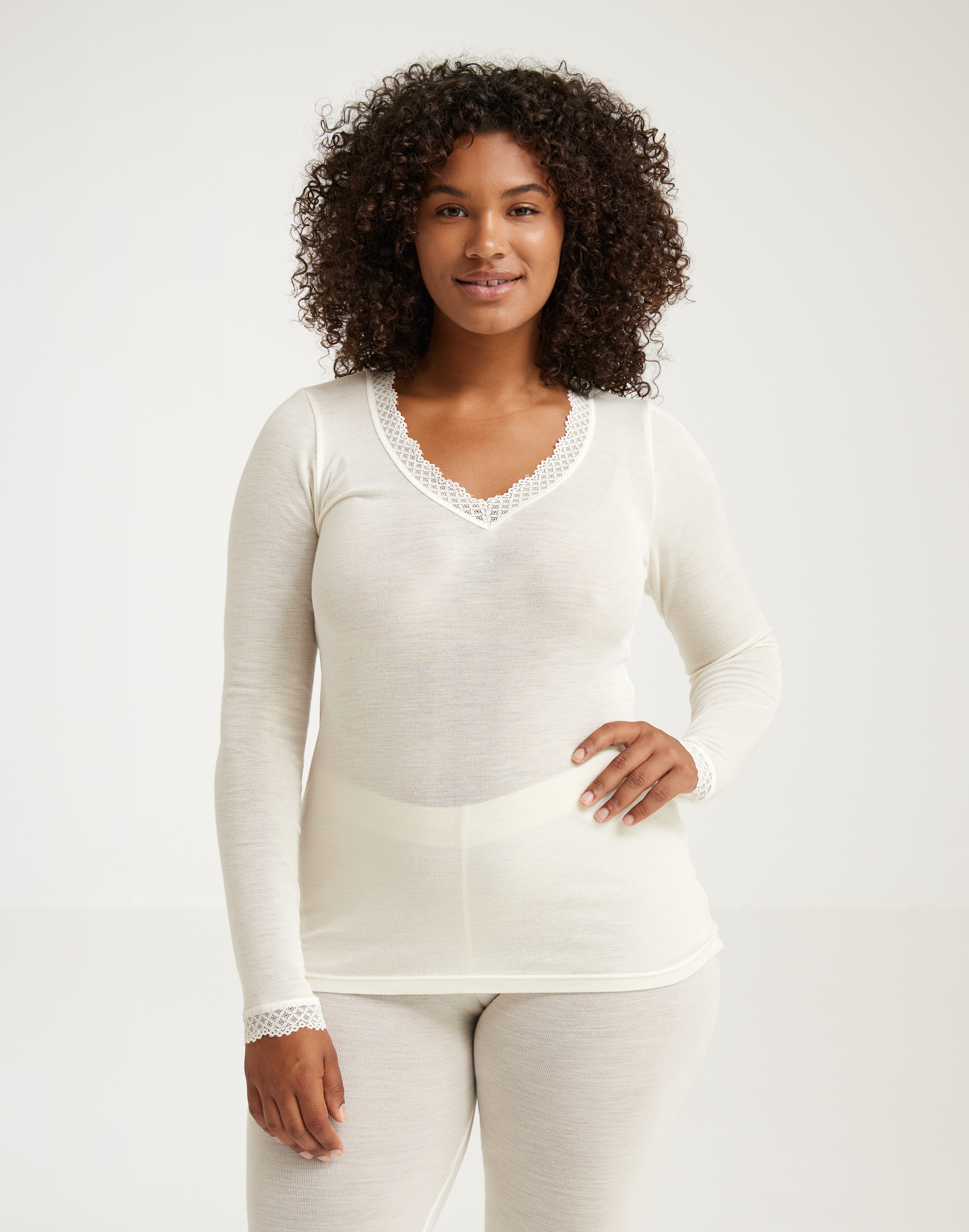 Shirt met kanten rand van merinowol/zijde voor dames -