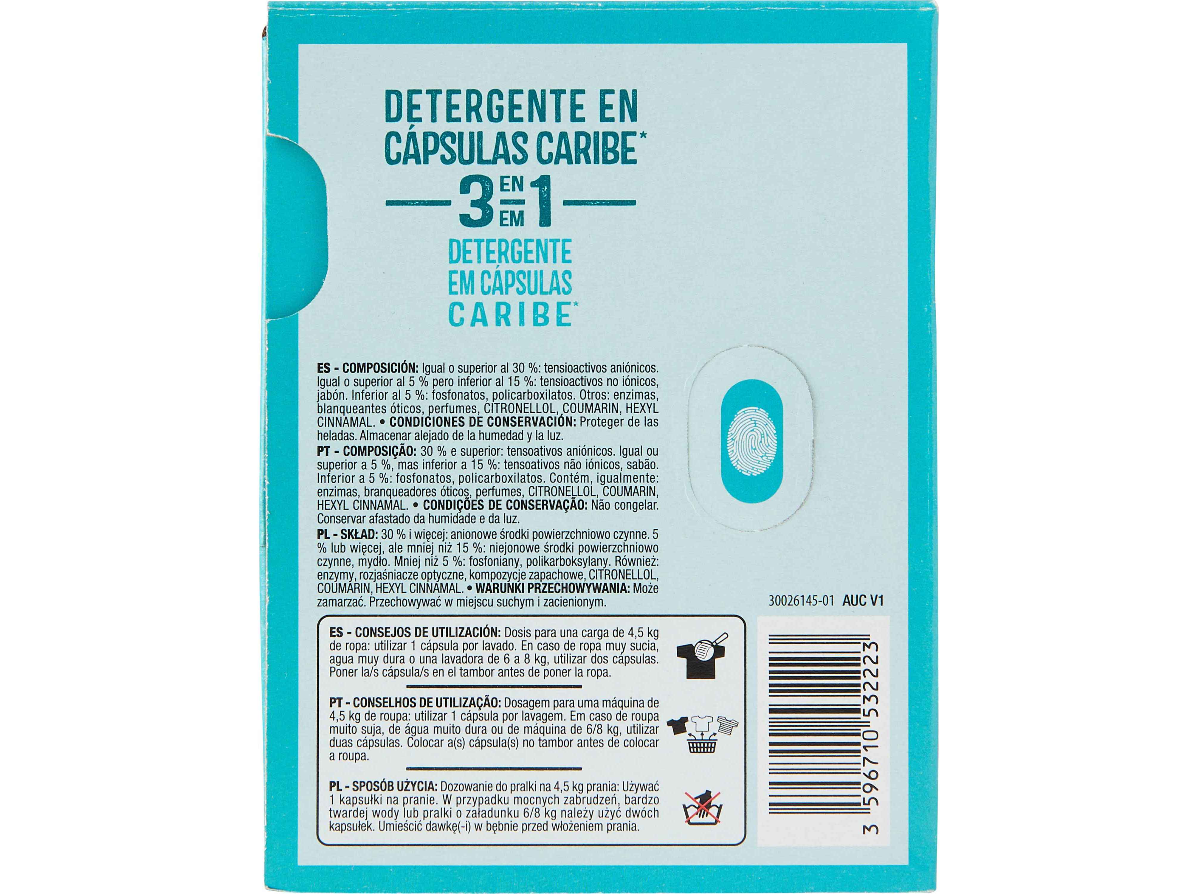 DETERGENTE MÁQ. ROUPA AUCHAN CÁPSULAS 3EM1 CARAÍBAS 20D