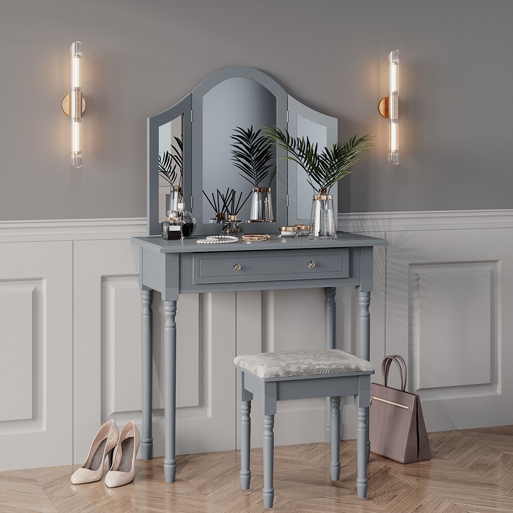 Vicco Schminktisch Frisiertisch Kosmetiktisch Kate Grau Schminkspiegel Hocker 80x134 cm Antik Schlafzimmerkommode Schminkkommode Schublade Ablage Aufbewahrung Frisierkommode Make-Up-Tisch