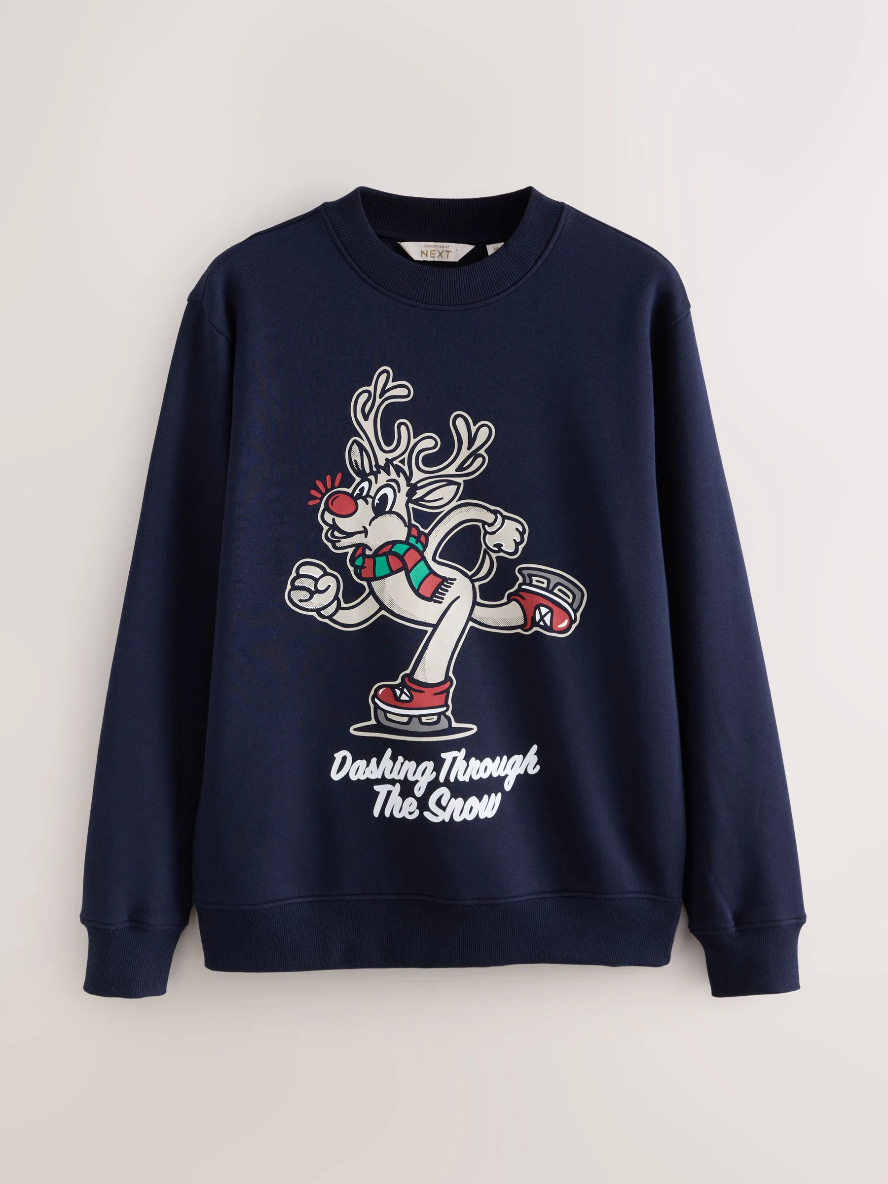 Donkerblauwe Rudolph-afbeelding - Kersttrui met patroon en ronde hals