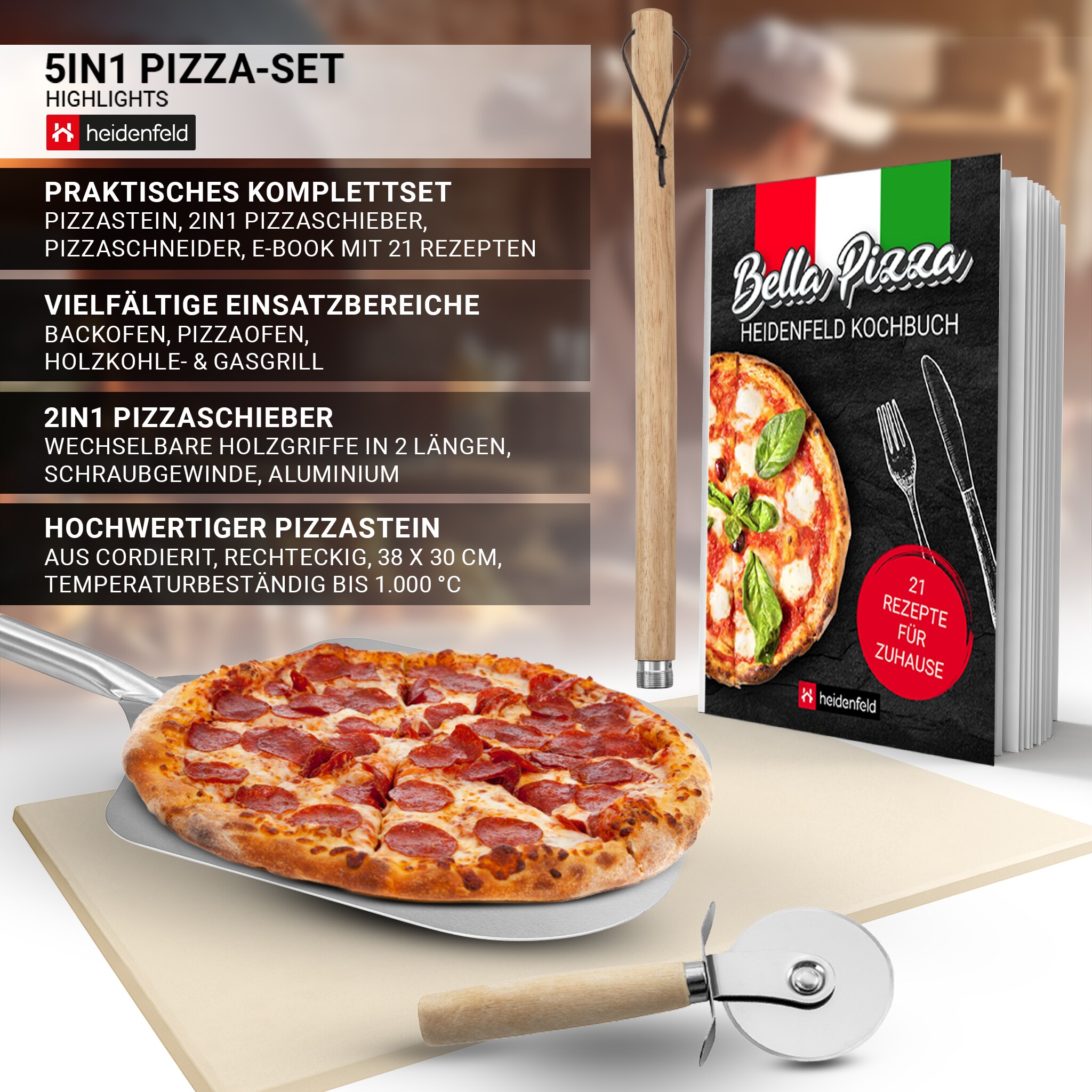 Heidenfeld 5in1 Pizza-Set, Pizzastein, 2in1 Pizzaschieber, Pizzaschneider, Holzgriffe, Pizza-Zubehör